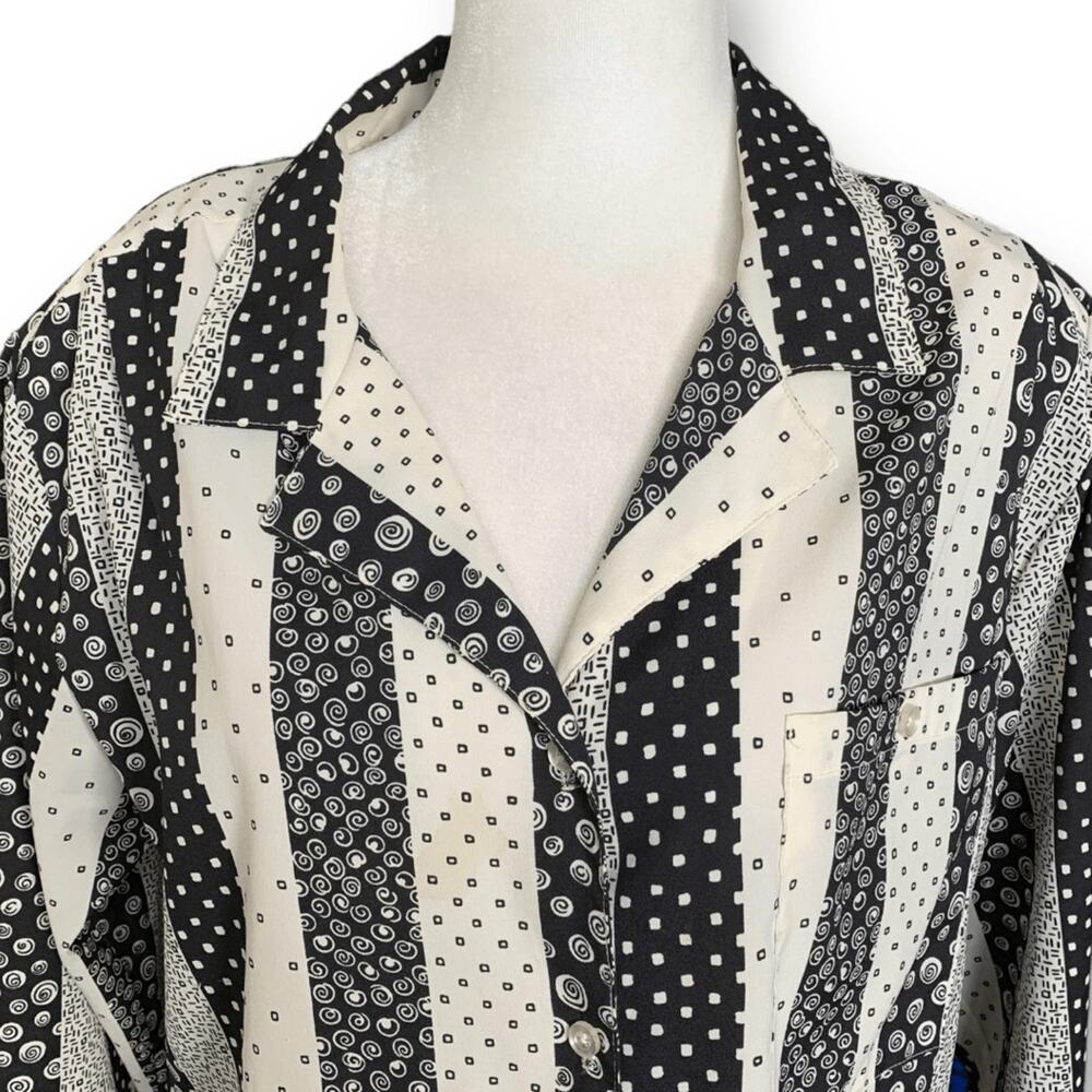 Vintage 90s Shirt Black White Semi Sheer Abstract Geometric Stripes 14 Eclectic
